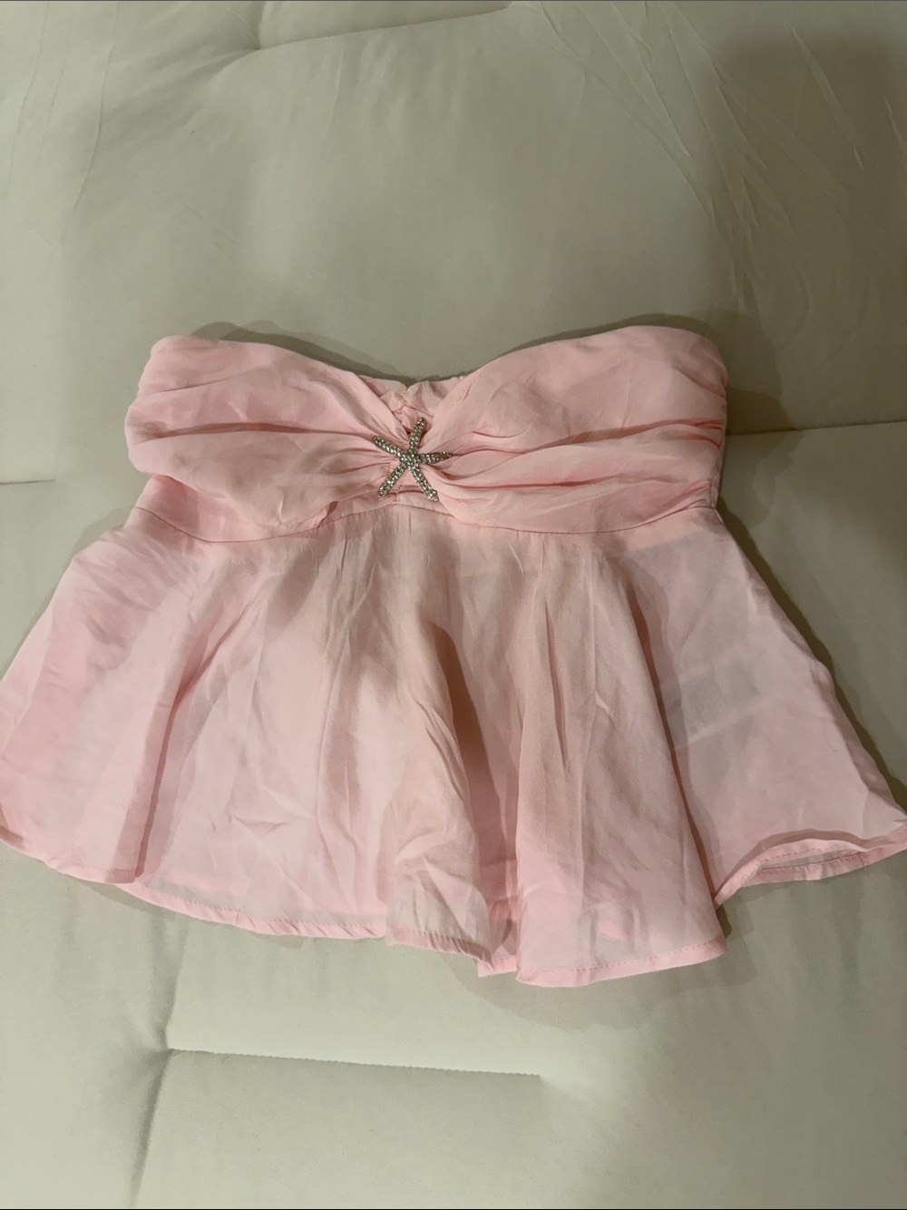 Edikted Strapless Light Pink Chiffon Peplum Top with Rhinestone Star